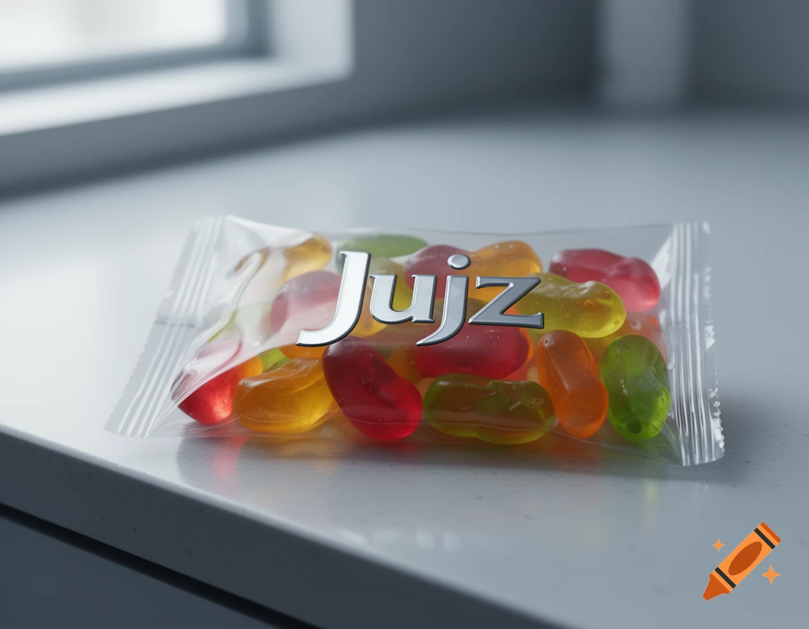 A close-up photorealistic image of a clear plastic bag of colorful gummy candies with the text 'Jujz' on a white surface near a window.
