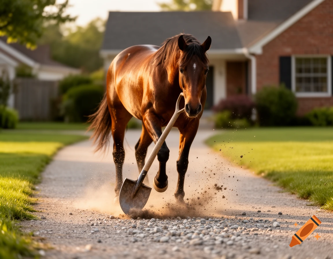 A photorealistic brown horse holds a spade, kicking up dirt on a gravel driveway in front of a house.