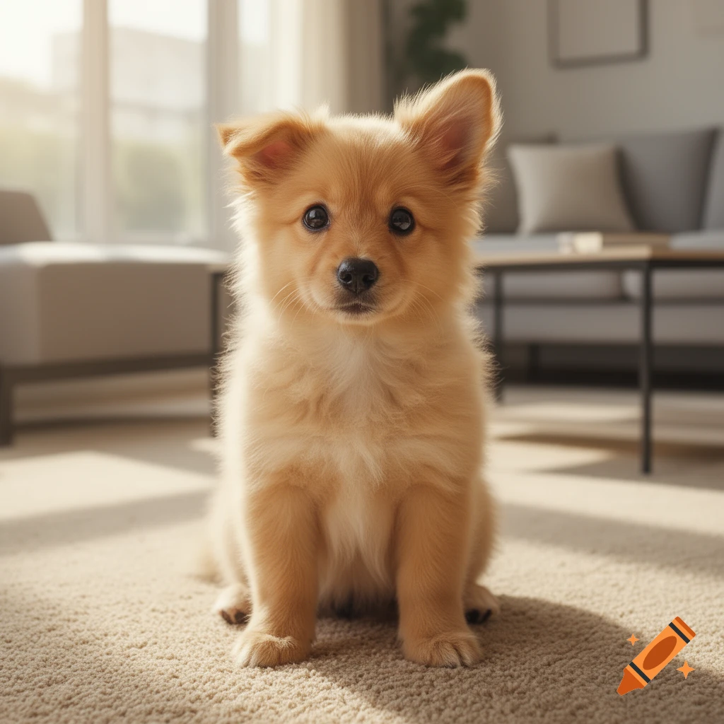 A fluffy golden-brown puppy with floppy ears sits on a beige carpet in a sunlit living room, looking directly at the camera.