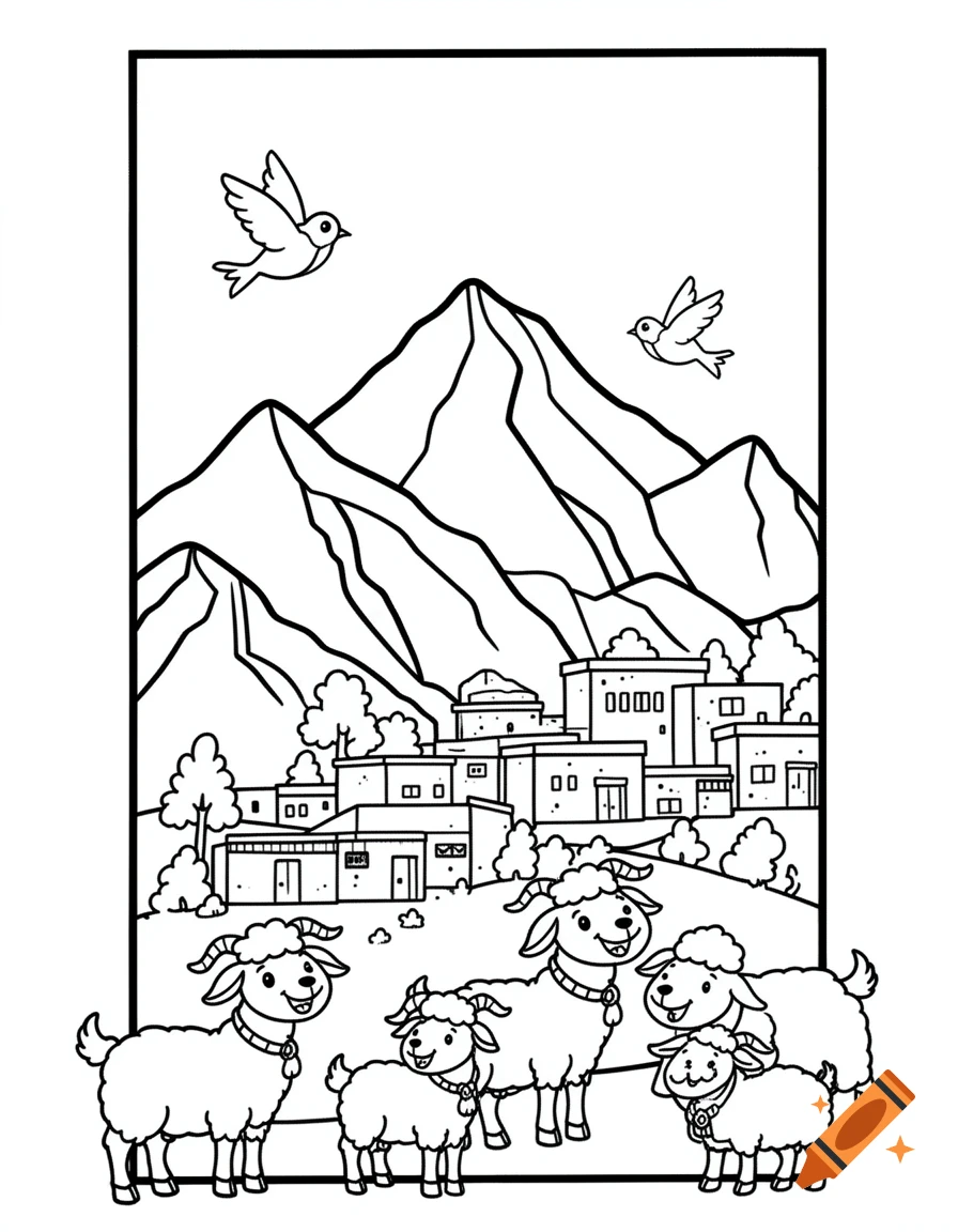 A cartoon coloring page depicting five happy goats and sheep in a village setting with mountains and two birds flying above.