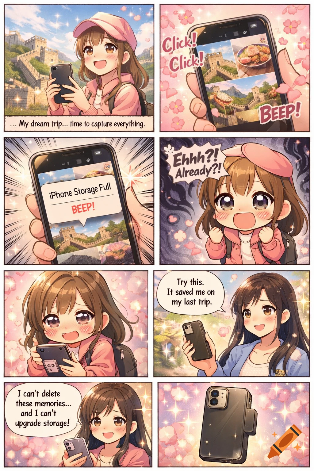 Shōjo manga: A girl on a trip captures photos, gets an 'iPhone Storage Full' alert, and a friend offers a storage case solution.