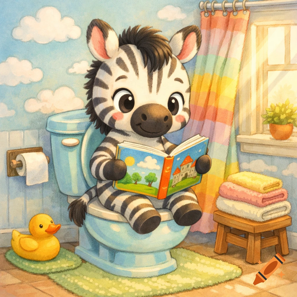 Cute watercolor illustration of a cartoon zebra sitting on a toilet reading a picture book in a bright bathroom with a rubber duck.