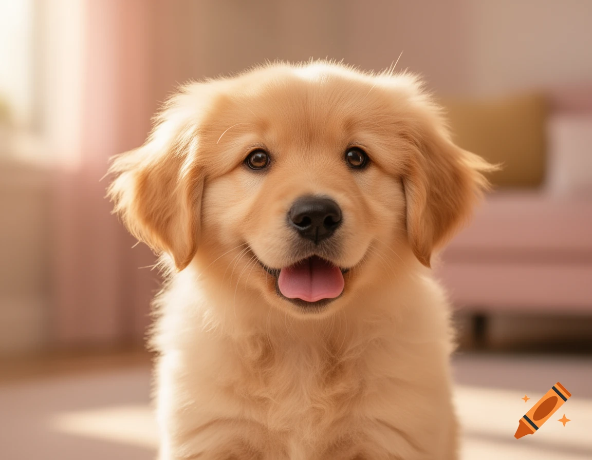 A close-up, photorealistic portrait of a happy golden retriever puppy with its tongue slightly out.