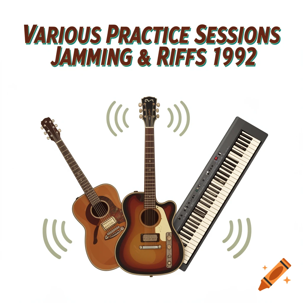 Two acoustic guitars and a keyboard with sound waves, with the text 'VARIOUS PRACTICE SESSIONS JAMMING & RIFFS 1992'.