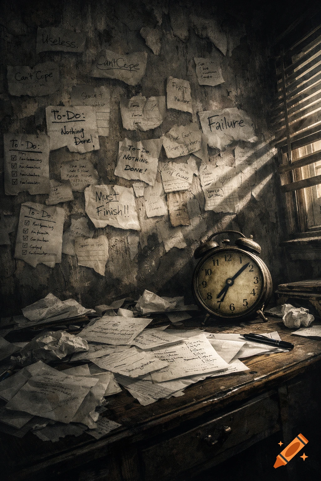 A dimly lit, messy desk with an old alarm clock and many handwritten notes taped to a textured wall, conveying a sense of overwhelm.