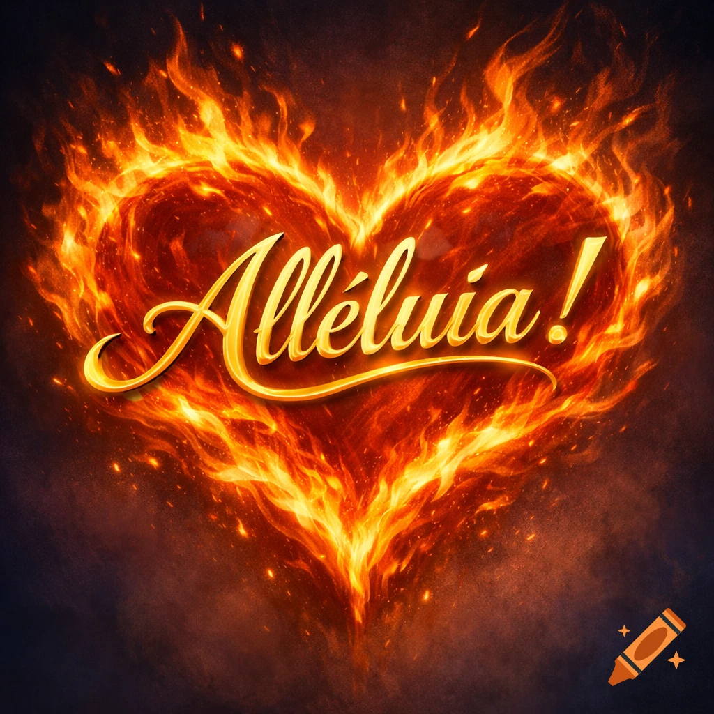 Golden 'Alléluia!' text in a script font centered within a vibrant, burning heart of flames on a dark background.