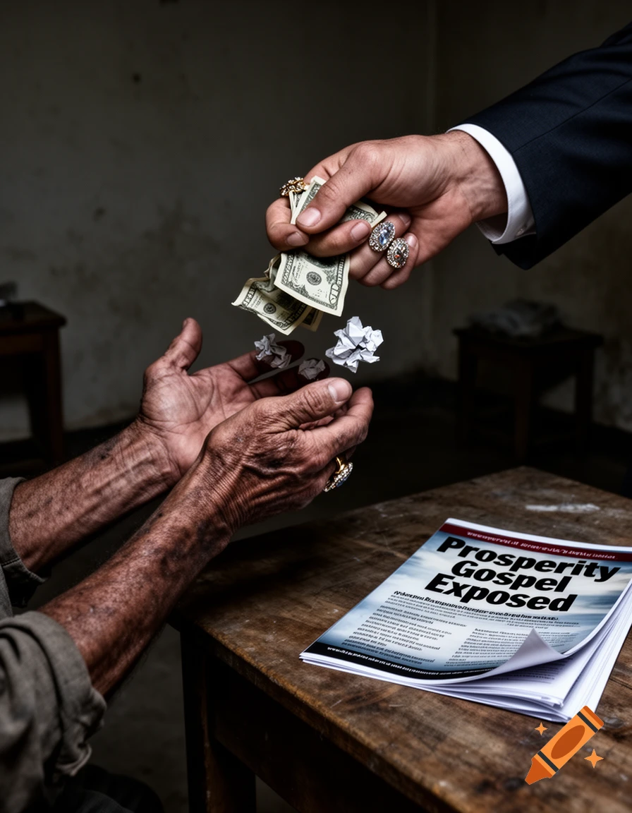 A rich hand drops money and crumpled paper into a poor, weathered hand, beside a newspaper titled 'Prosperity Gospel Exposed' on a wooden table. Photorealistic.