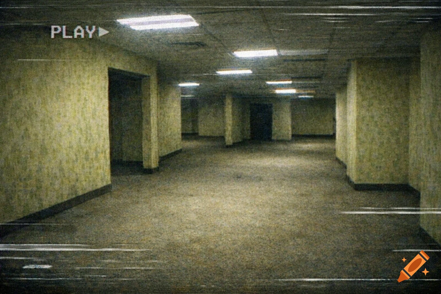 A creepy, empty, grainy VHS still of a yellow-walled hallway with numerous fluorescent lights, displaying a 'PLAY' icon.