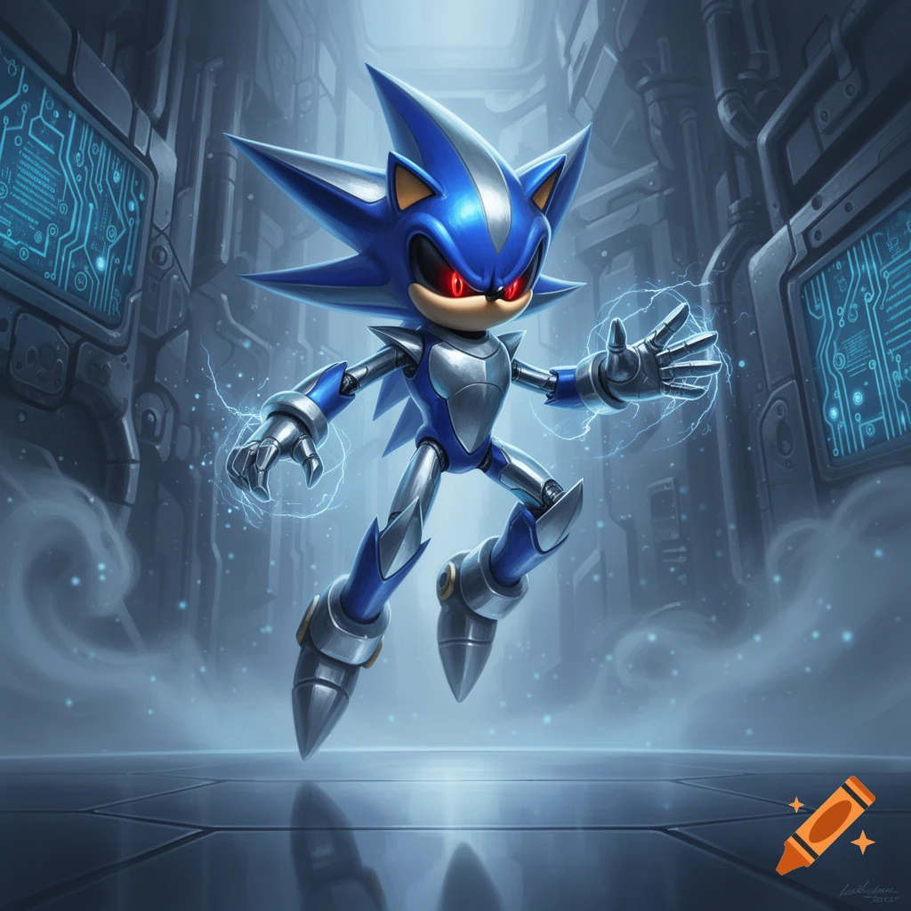 A blue and silver Metal Sonic robot floats in a futuristic metallic environment, emanating electricity.