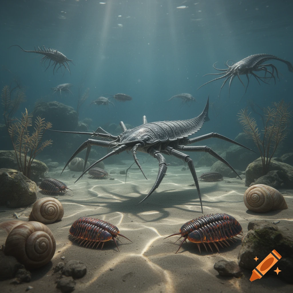 A photorealistic underwater scene shows a large spiky arthropod on a sandy seabed, with smaller prehistoric marine life and shells.