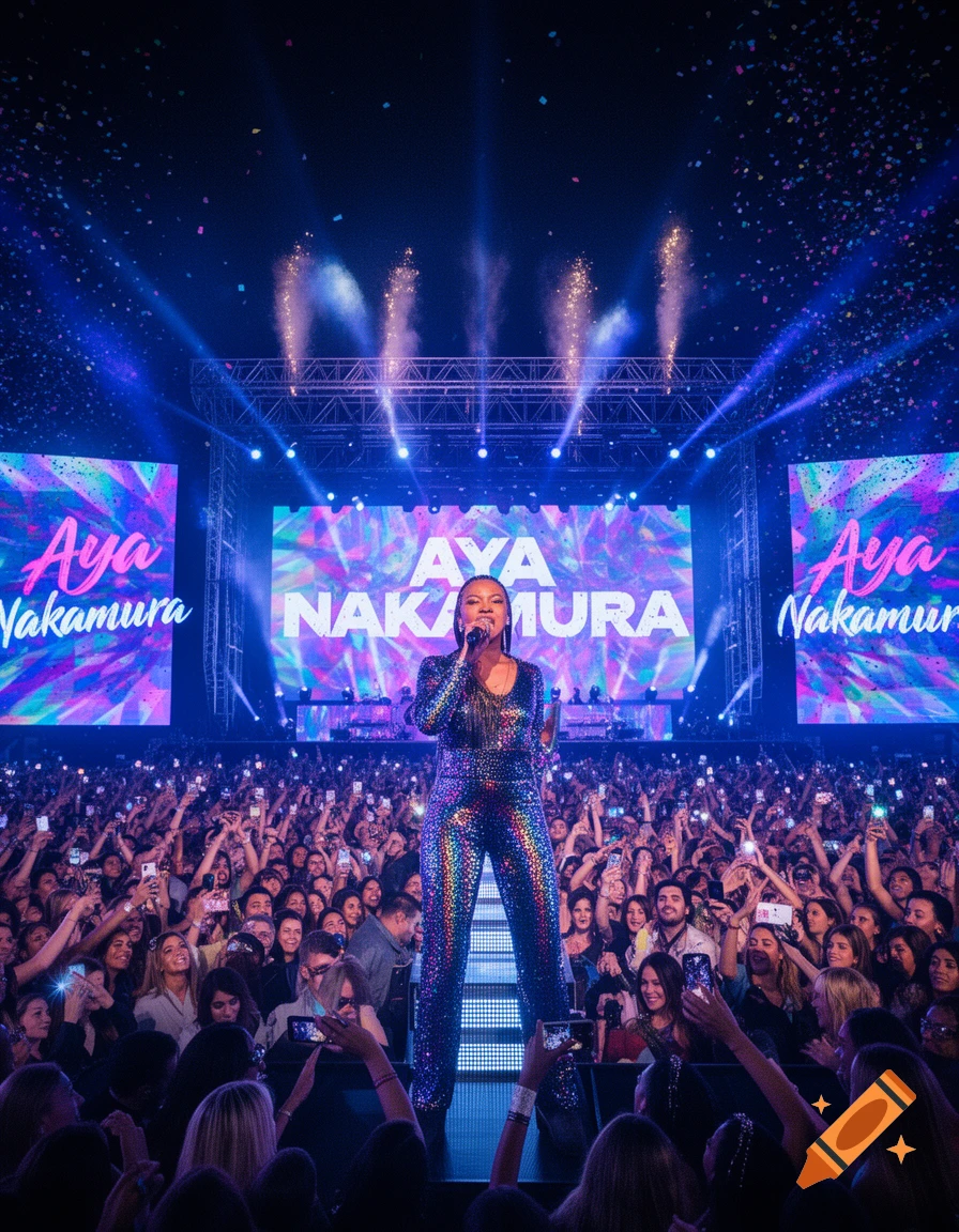 Aya Nakamura sings on a brightly lit stage in a sparkly jumpsuit, performing for a large crowd with phones raised and confetti falling.