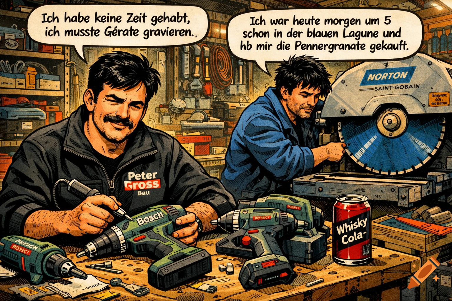 Comic illustration of two men in a workshop. One man engraves a Bosch drill, the other works with a large saw. Speech bubbles above them contain German text. A can of "Whisky Cola" is on the table.