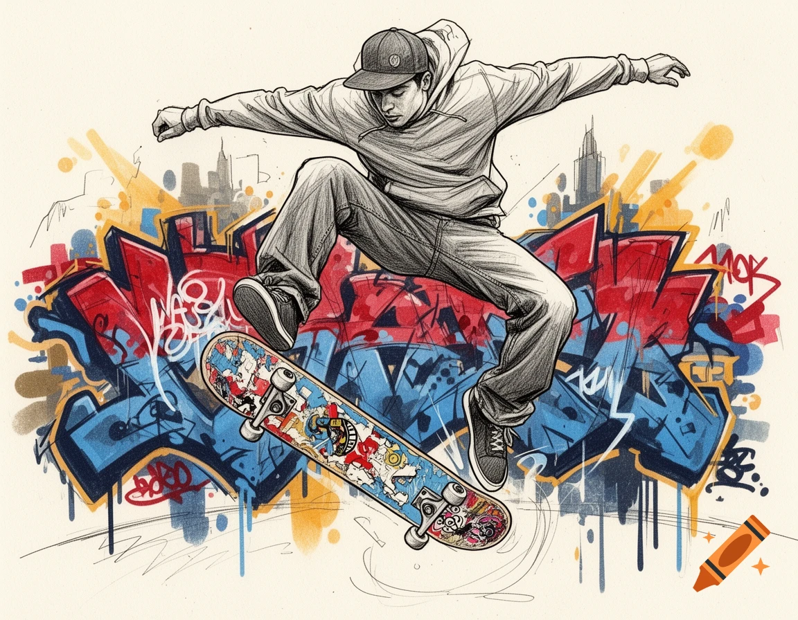 A sketch-style drawing of a male skater in a hoodie and cap jumping with a skateboard over a vibrant red and blue graffiti background.