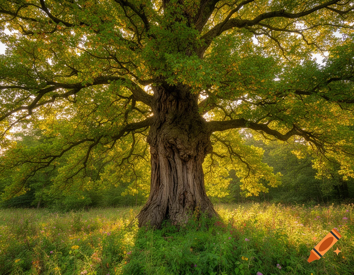 A magnificent, old tree with a thick, textured trunk and lush green leaves, bathed in warm sunlight in a vibrant meadow.