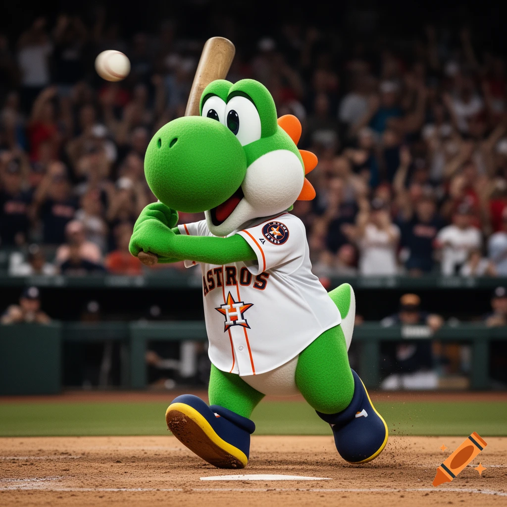 Yoshi in a white Houston Astros baseball jersey swings a bat on a dirt field with a stadium crowd in the background.