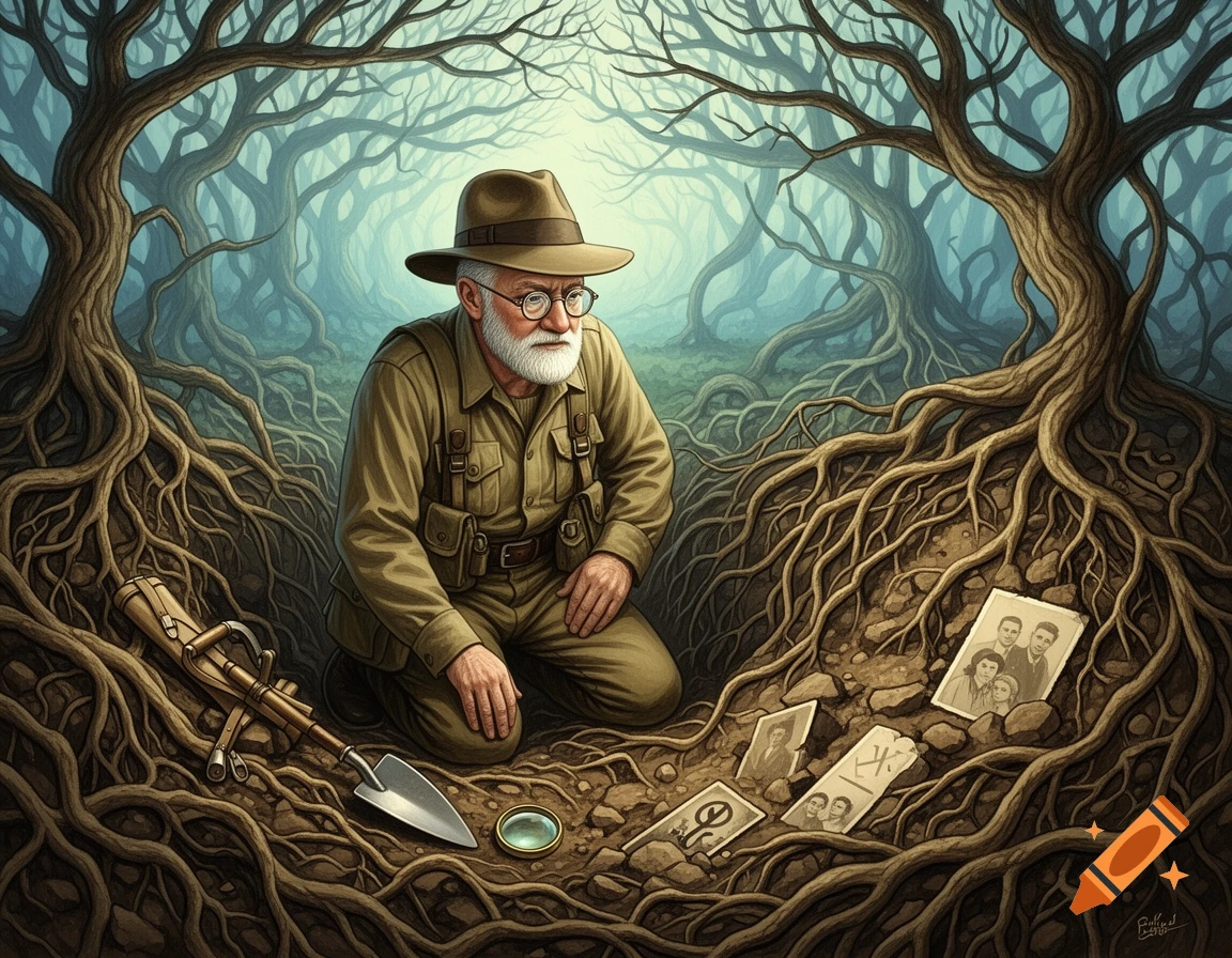 A bearded man in an explorer's hat kneels among gnarled tree roots, examining old photographs and symbols on the ground in a detailed illustration.