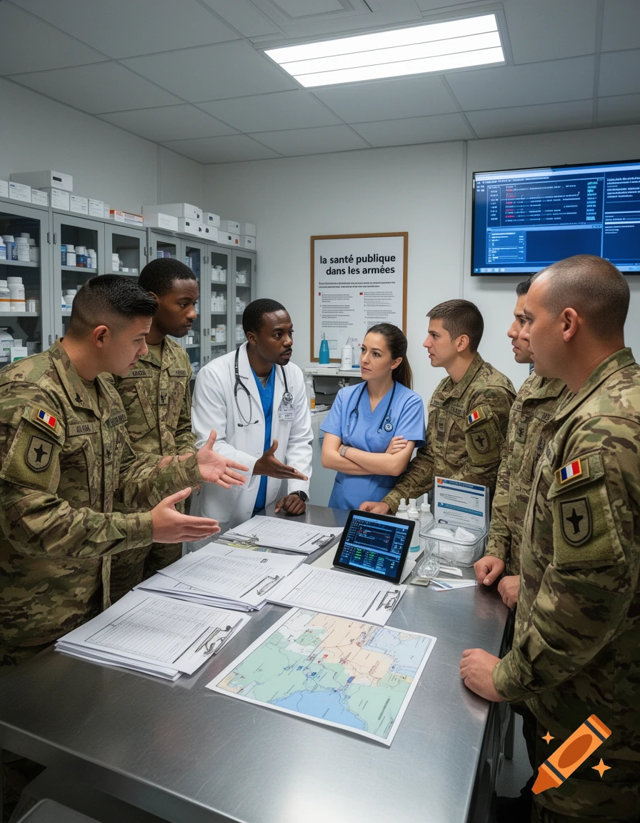 A diverse group of military personnel and medical professionals gathered around a table with documents, a map, and a tablet in a medical facility.