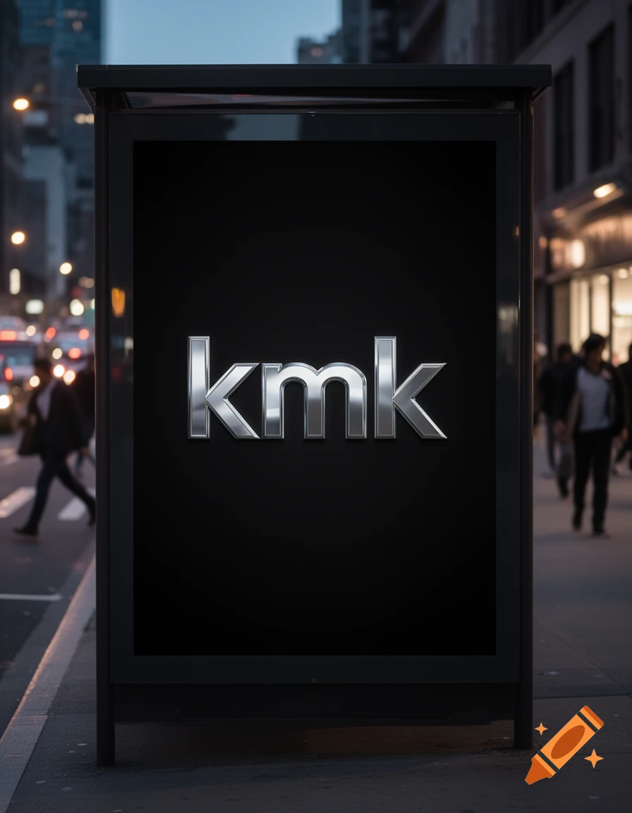 Bus stop billboard displaying 'kmk' in metallic silver letters on a black background, on a city street at night.