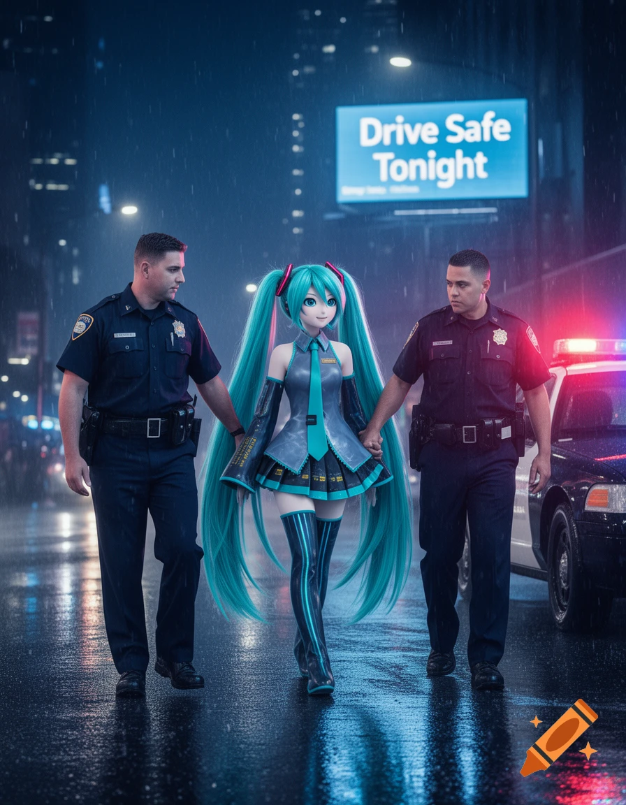 Photorealistic image of Hatsune Miku holding hands with two police officers on a rainy city street at night, near a police car and a 'Drive Safe Tonight' sign.