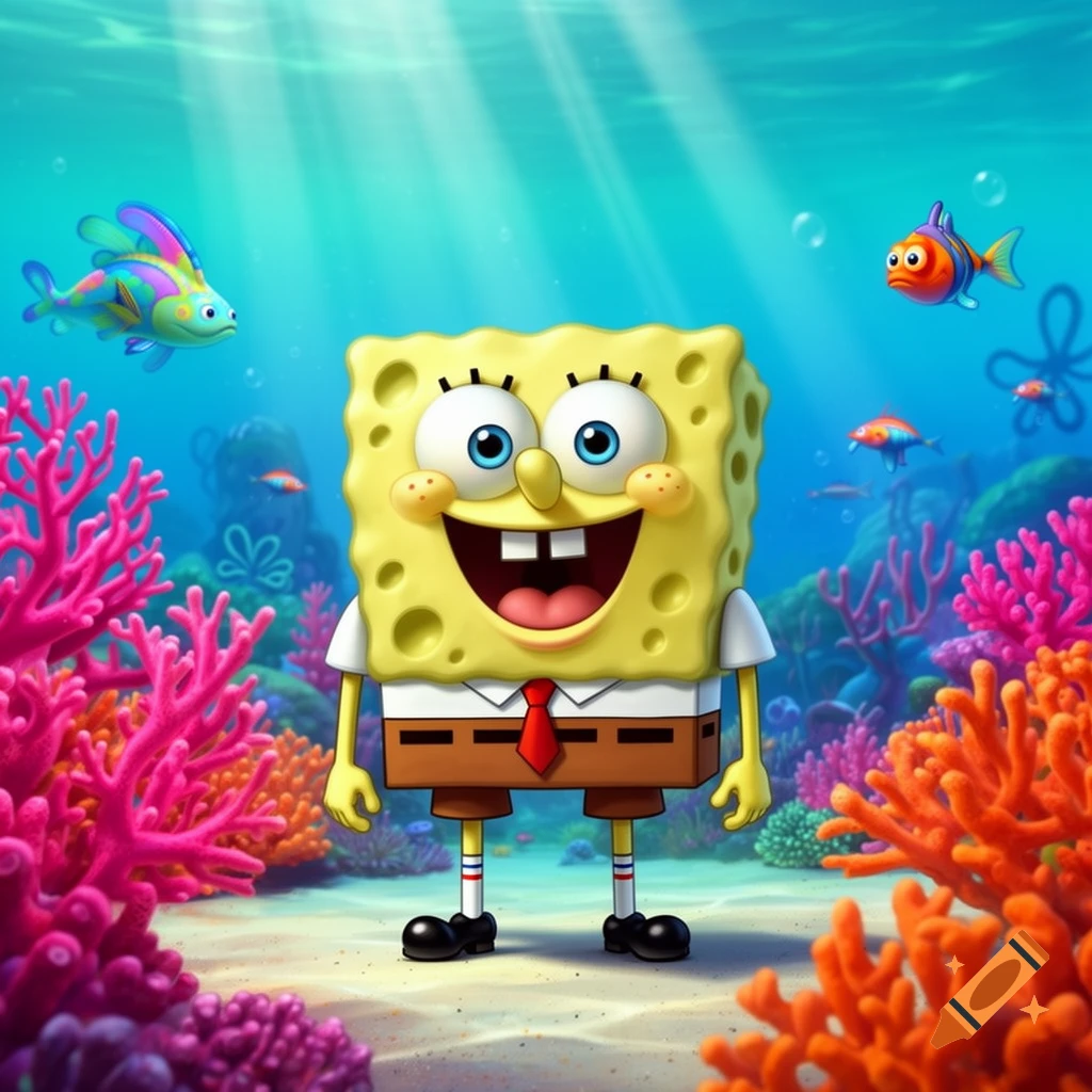 Spongebob Squarepants stands on the sandy ocean floor surrounded by vibrant pink and orange coral and colorful fish under shimmering blue water.