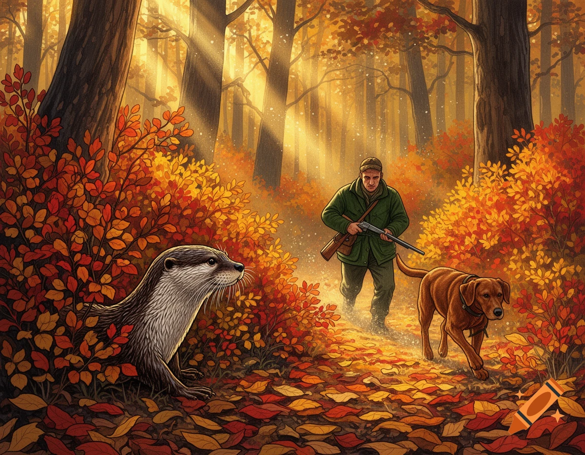 A hunter and his dog search an autumn forest with golden light, unaware of an otter hiding in colorful bushes. Detailed illustration.