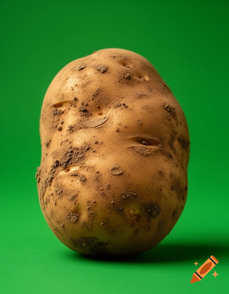 A dirty potato covered in soil against a vibrant green background, in a photorealistic style.