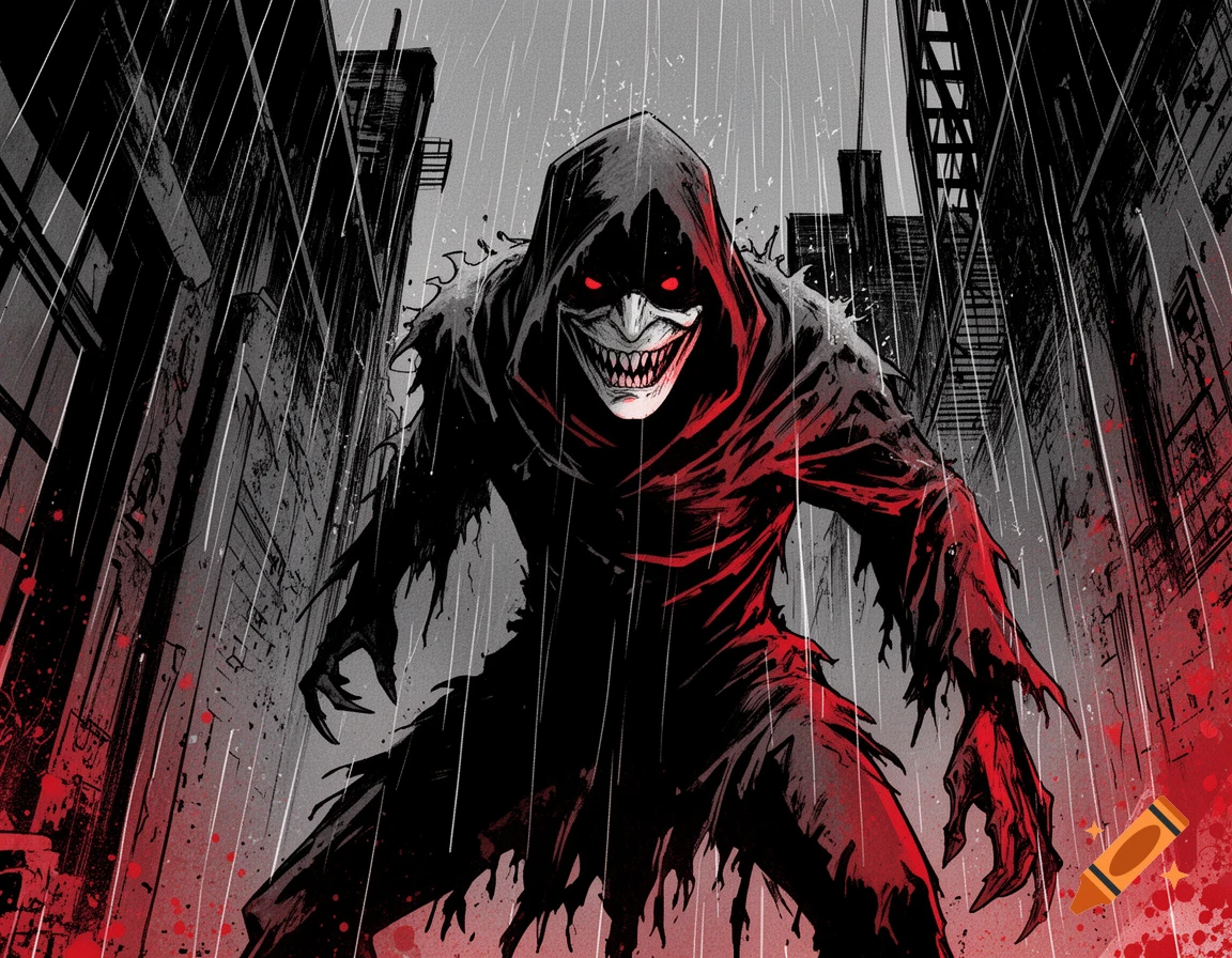 A scary hooded monster with red eyes and sharp teeth in a dark, rainy city alley, comic book style.