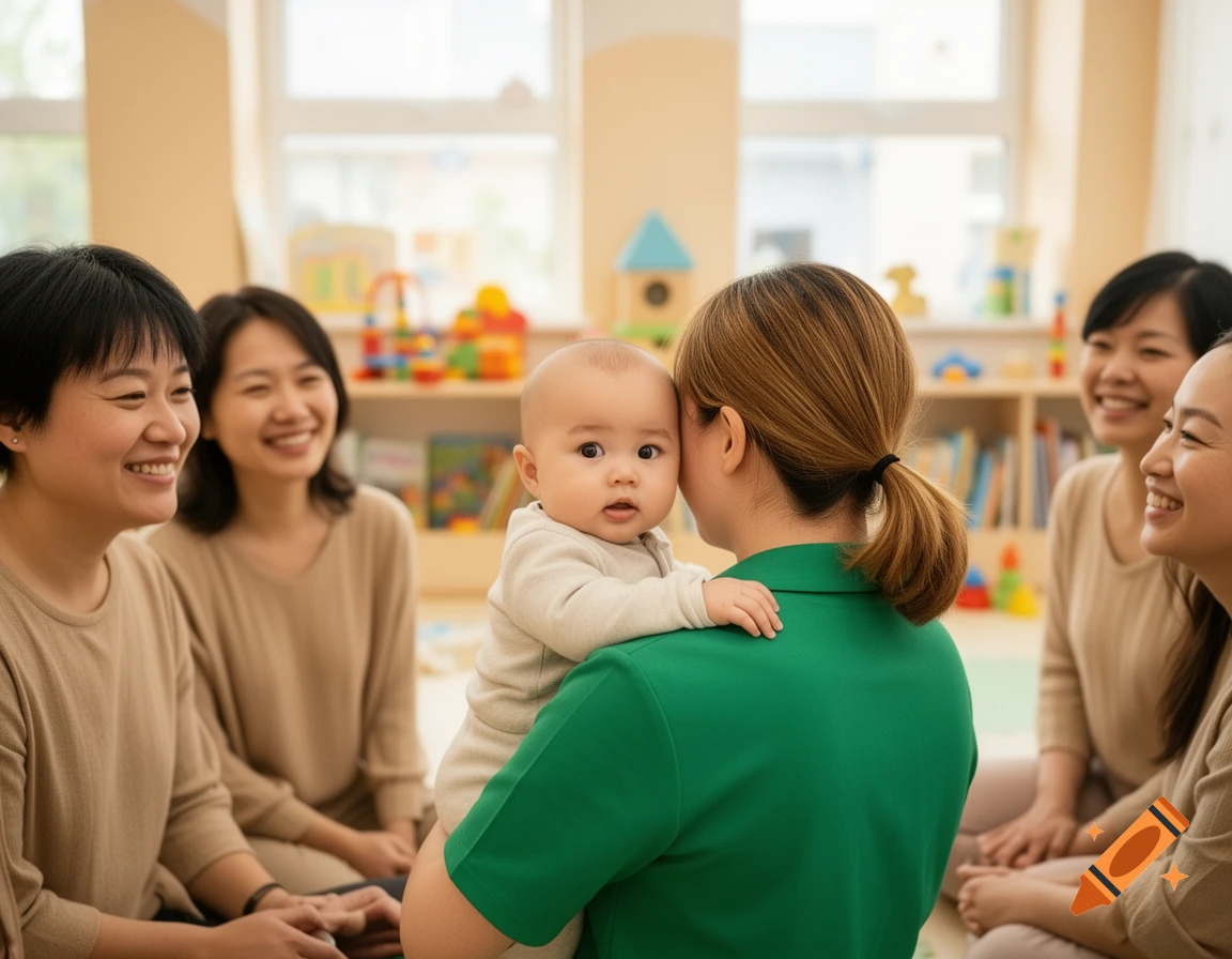 A woman in a green shirt holds a baby looking at the viewer, surrounded by smiling women in a bright daycare room.