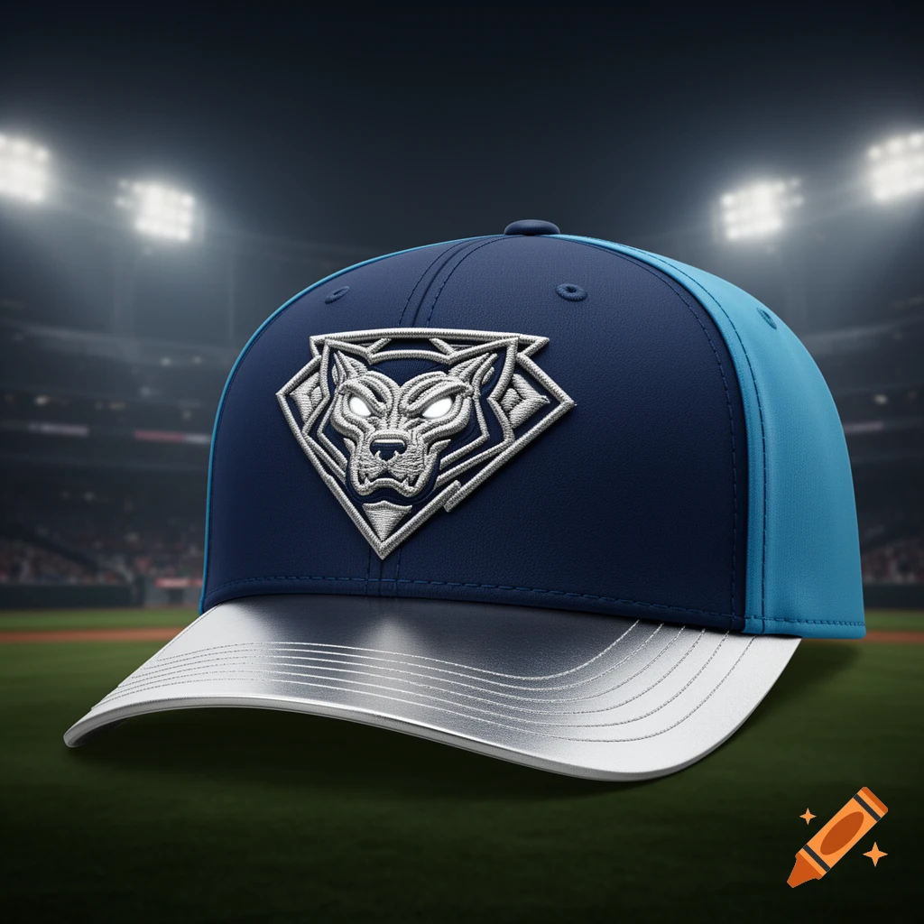 Dark blue and light blue baseball cap with a silver wolf head logo against a blurred baseball stadium background.