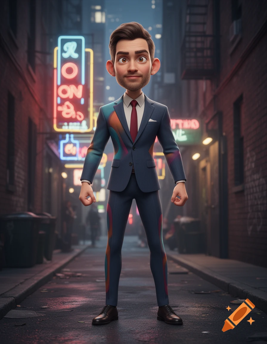 A stylized cartoon-like man in a dark suit with colorful accents stands in a nighttime urban alley with neon signs.
