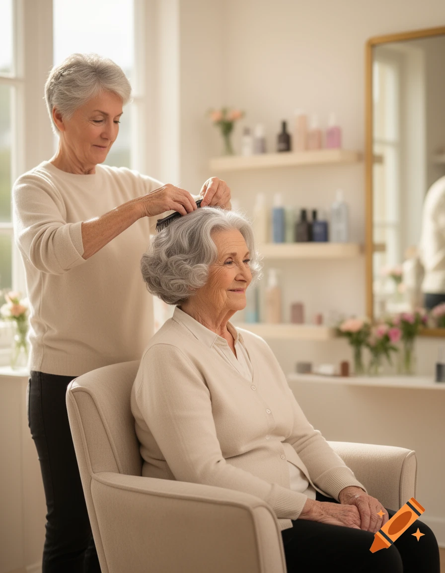 An older woman combs the hair of another older woman in a bright salon.