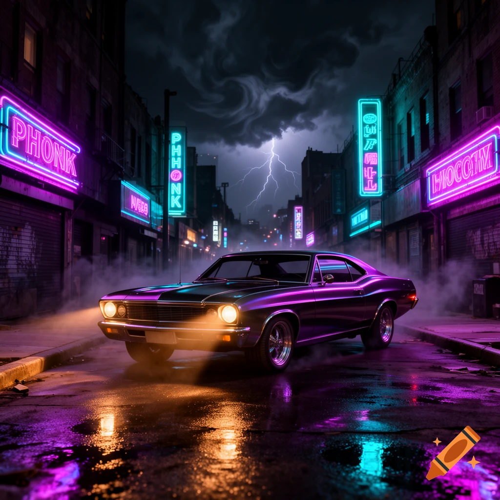 A dark city street with a classic muscle car in a cyberpunk, synthwave style. Neon signs glow purple and blue under a stormy, lightning-filled sky.