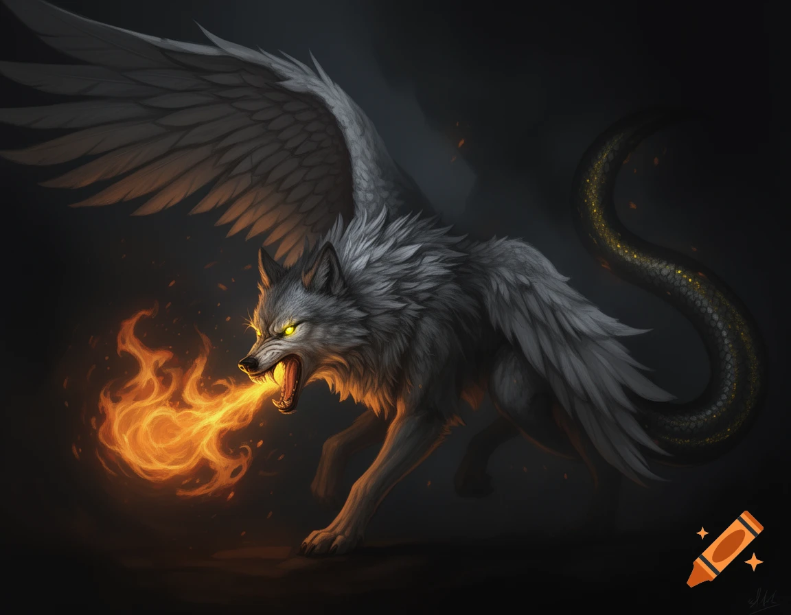 A grey winged wolf with glowing yellow eyes, a serpent tail, and spewing fire from its mouth, stands in a dark void.