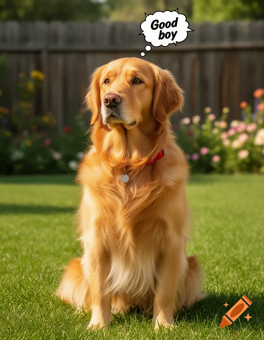 A photorealistic Golden Retriever dog sits on green grass, looking left ...