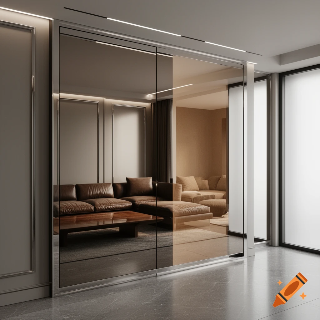 Modern living room with brown leather sofas and a wooden coffee table, reflected in a large mirrored wall, on a marble floor.