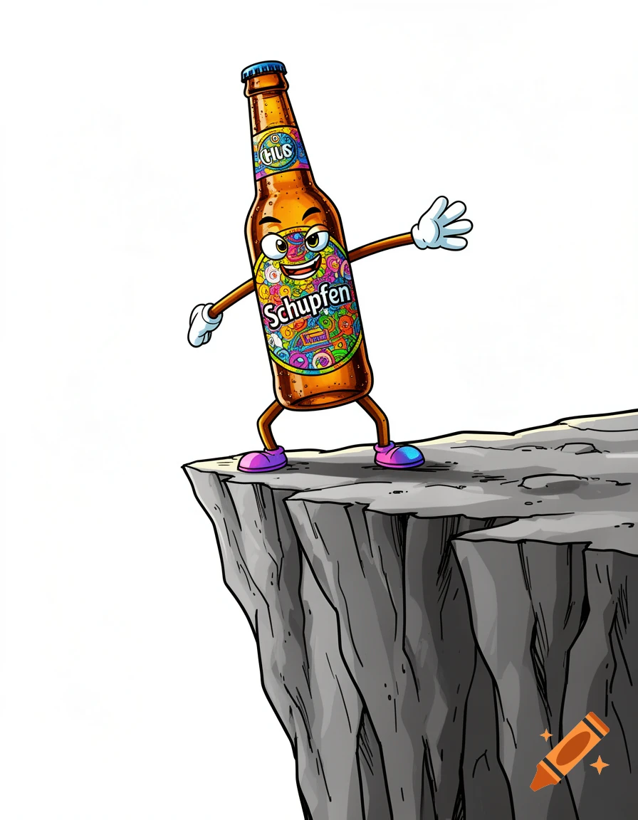 A cartoon beer bottle character with arms and legs waves from the edge of a cliff in a comic art style.