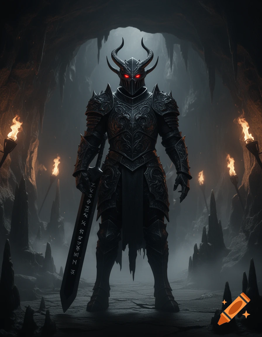 A demonic knight in dark, ornate armor with glowing red eyes and horns stands in a foggy cave illuminated by torches, holding a large sword.