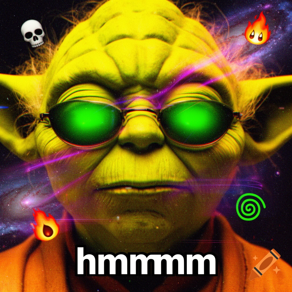 A highly stylized, neon green Yoda wearing small sunglasses with glowing green eyes, surrounded by emojis and the text 'hmmmmm'.