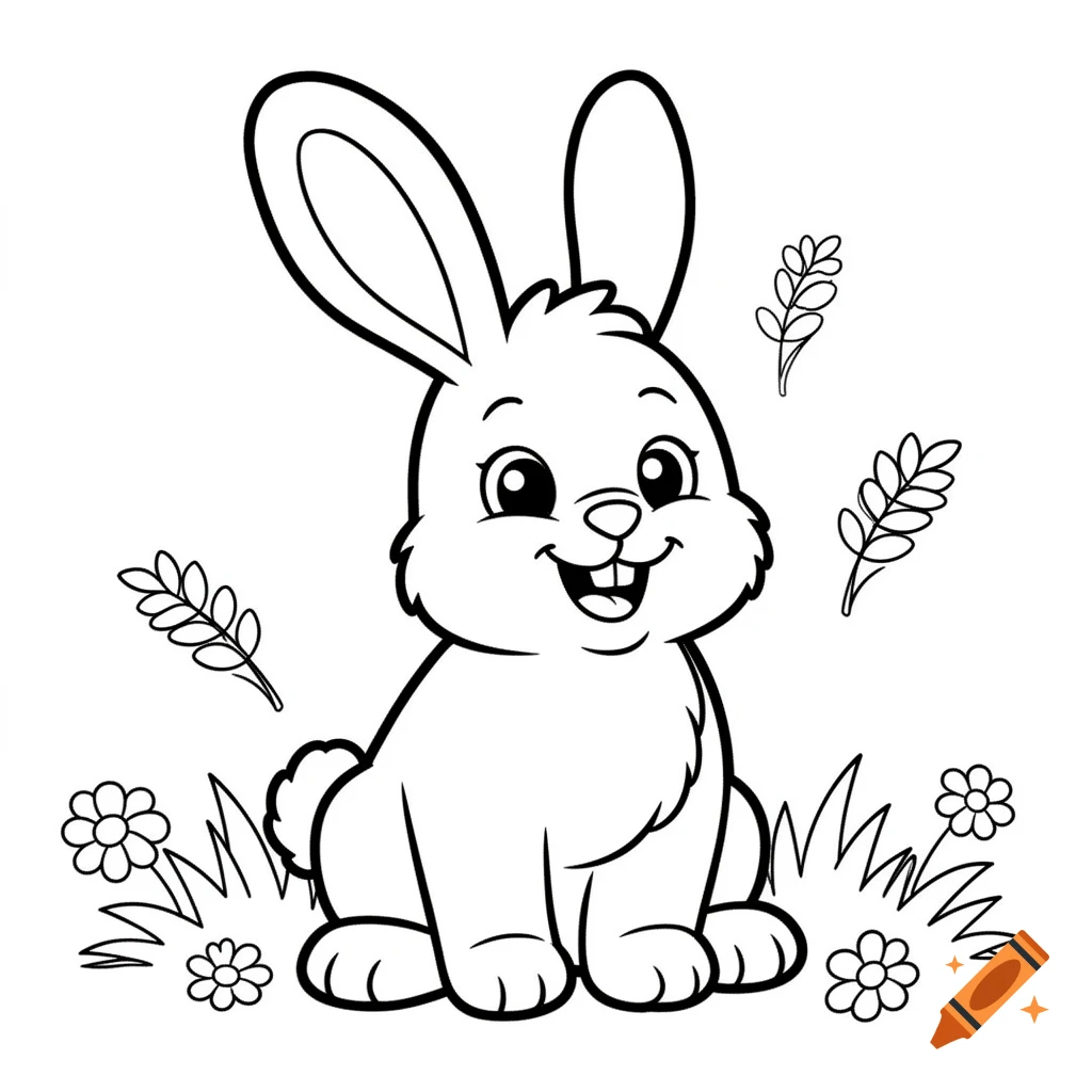 A cute cartoon bunny with big ears and buck teeth sits in grass with flowers, in a black and white coloring page style.