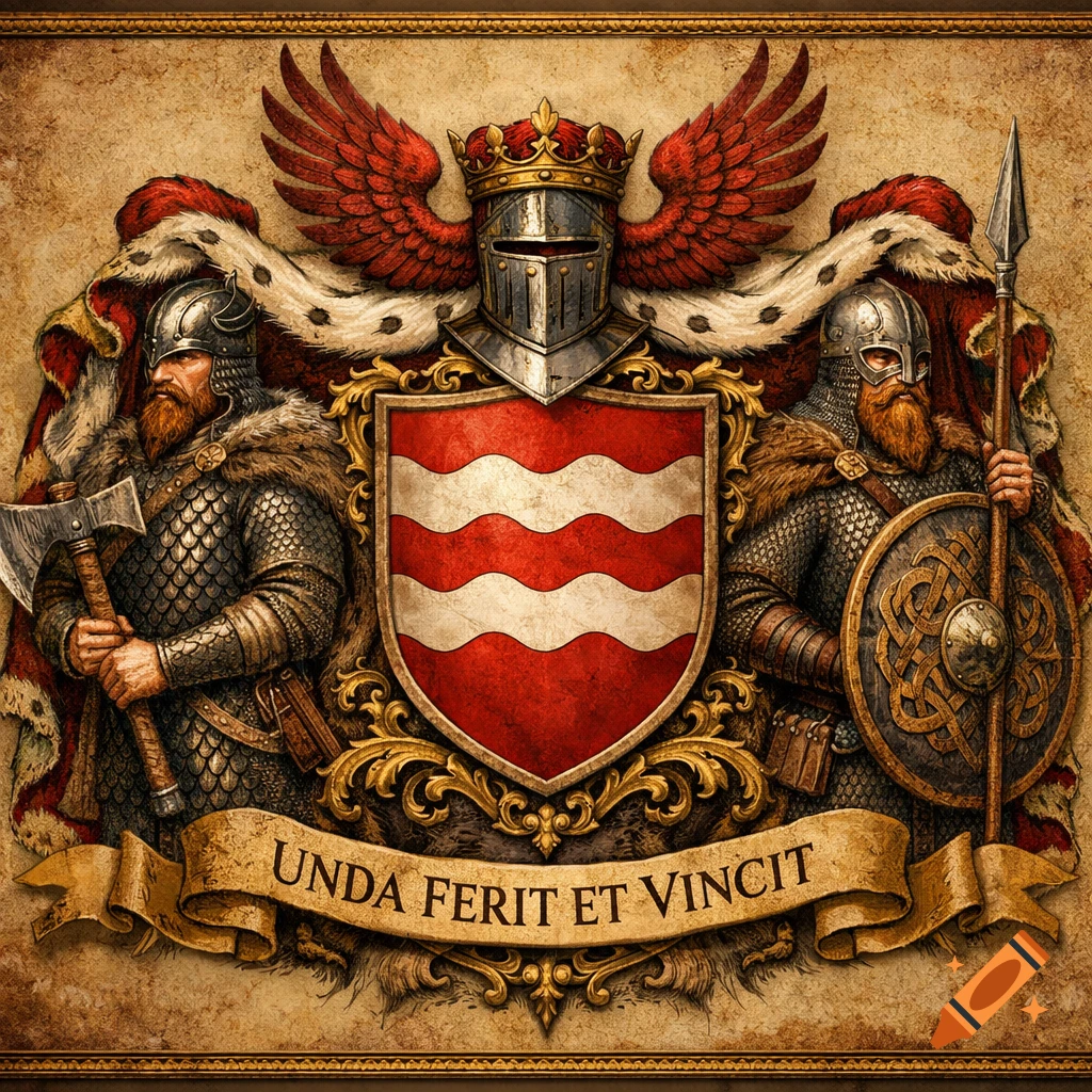 Detailed heraldic crest with a red and white wavy shield, flanked by two Viking warriors. A winged helmet, crown, and a banner with "UNDA FERIT ET VINCIT" complete the design in an old armorial style.