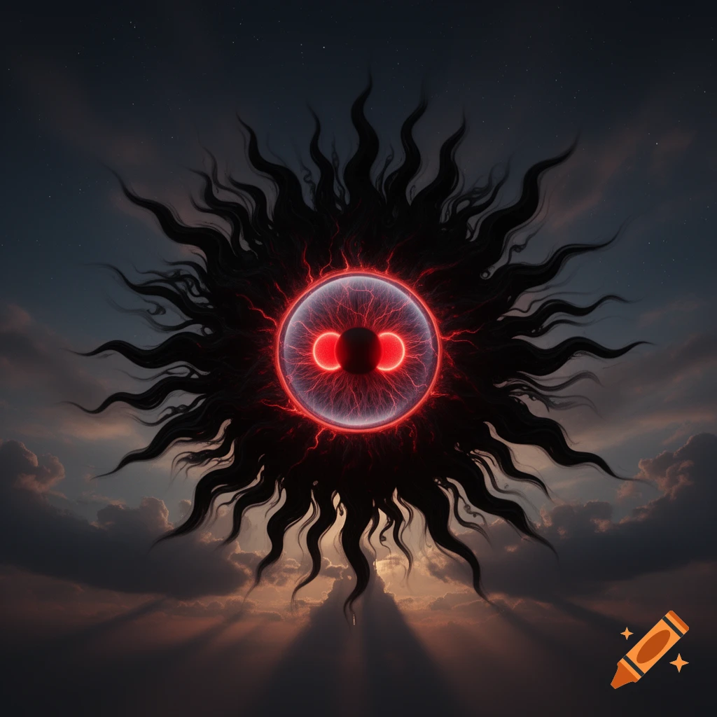 A dark, stylized sun with a glowing red eye and two smaller red pupils, surrounded by black, wavy tendrils against a twilight sky.