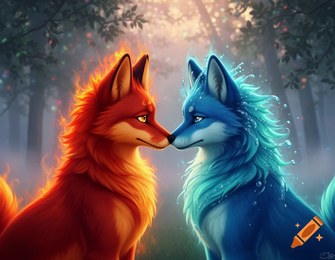 A red fire fox and a blue water fox touch noses in a magical forest. on ...