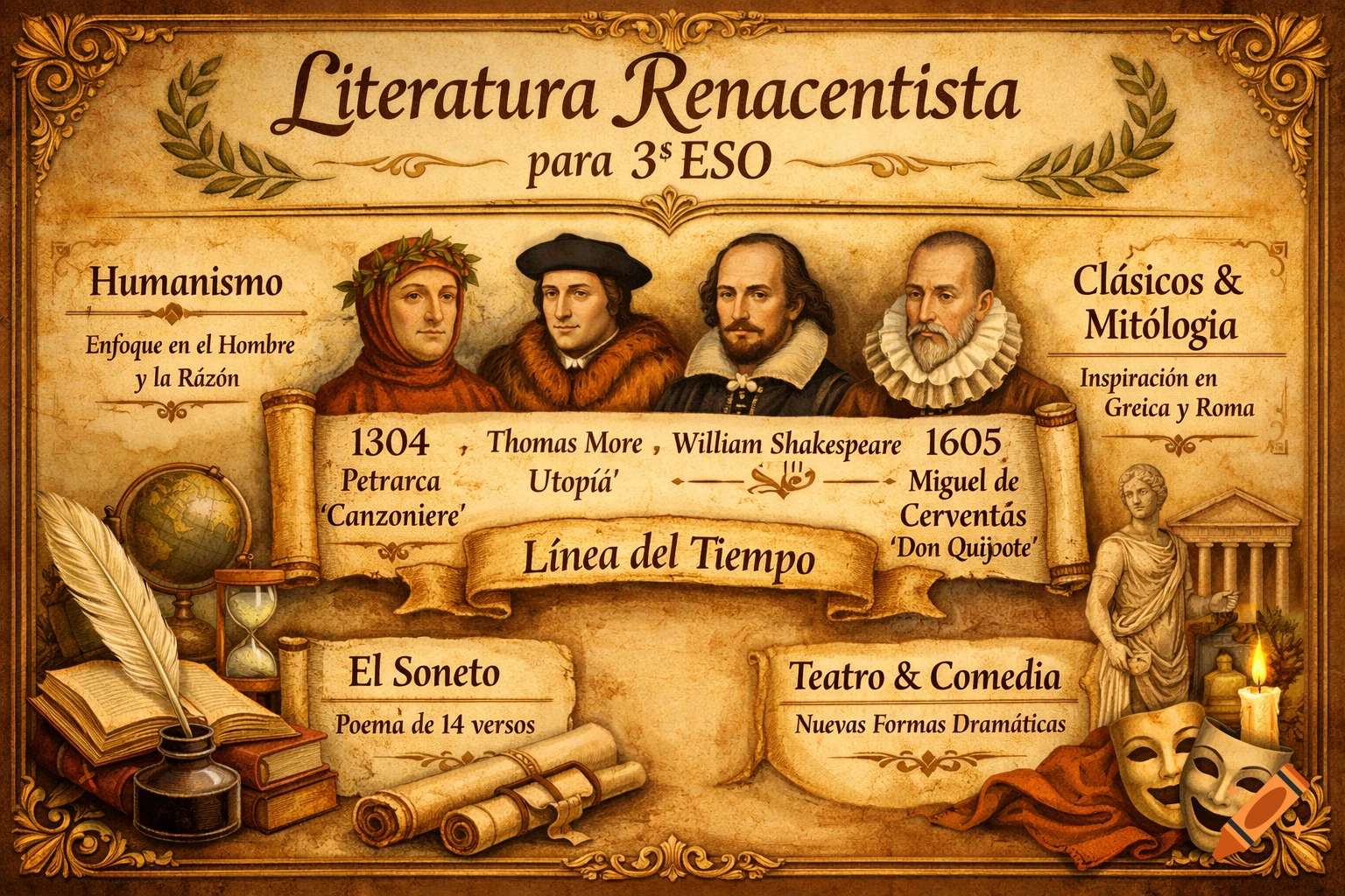 An old-style infographic on Renaissance literature for 3rd year ESO, featuring portraits of Petrarch, Thomas More, Shakespeare, and Cervantes, alongside dates, literary themes, and symbols like an hourglass and quill.