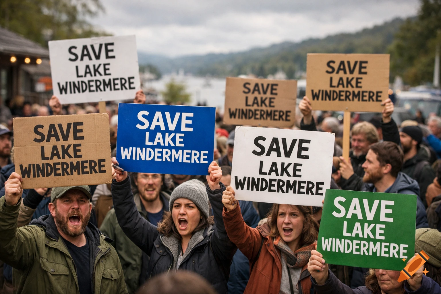 A large crowd of people, some shouting, hold up various protest signs that all read "SAVE LAKE WINDERMERE".