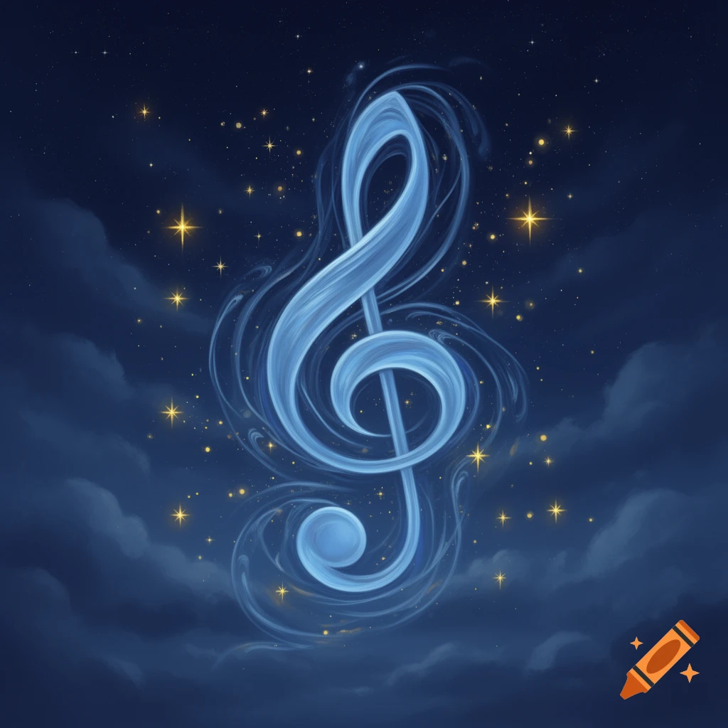 A light blue, ethereal treble clef made of flowing swirls against a ...