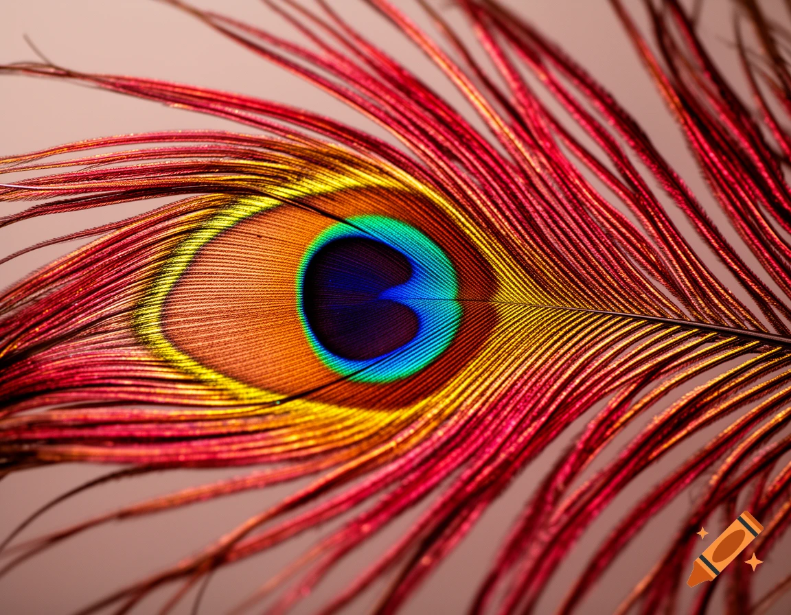 A vibrant close-up of a peacock feather with shimmering red, gold, blue, and green hues against a light background.