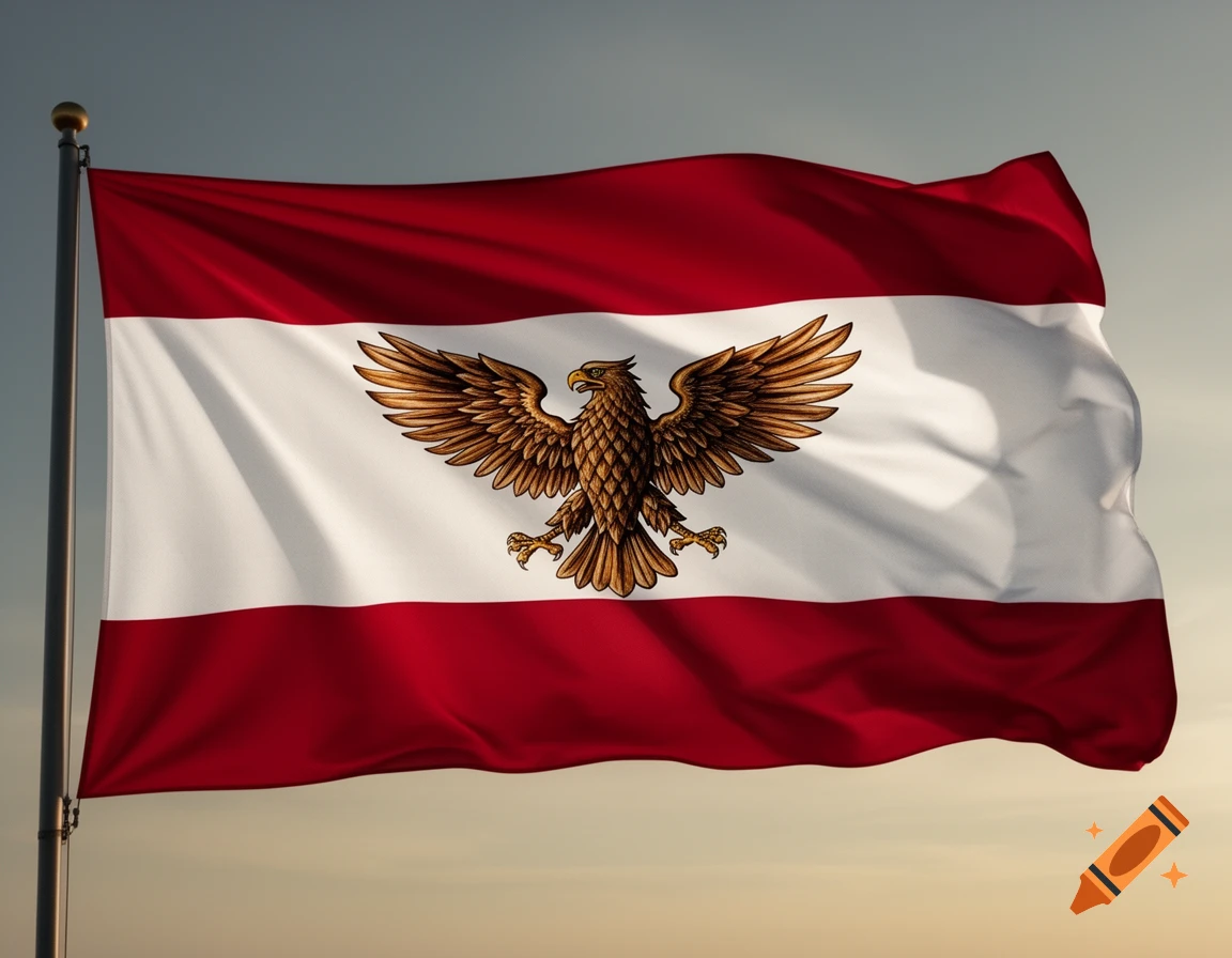 A red and white flag featuring a brown eagle emblem in the center, waving against a cloudy sky.