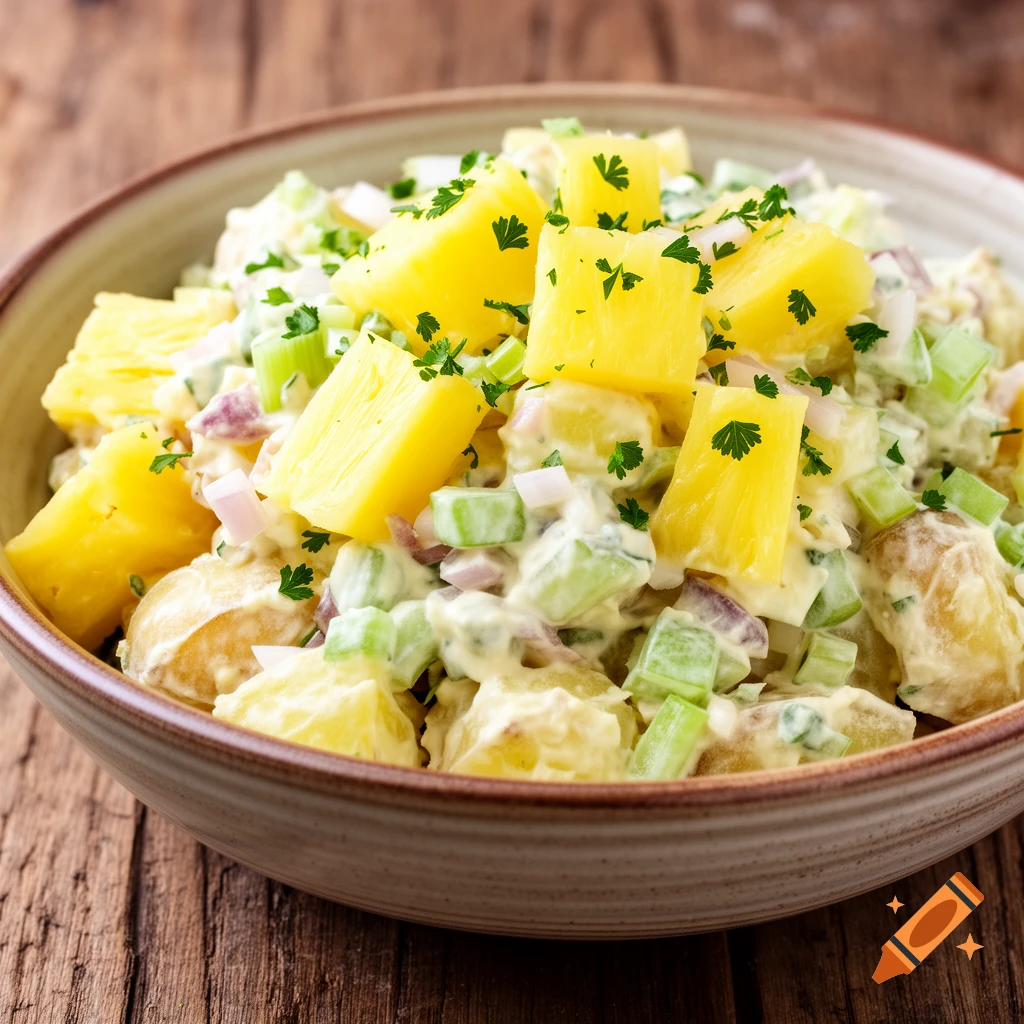 Close-up of a bowl of creamy potato salad with large pineapple chunks, celery, red onion, and parsley on a wooden table.