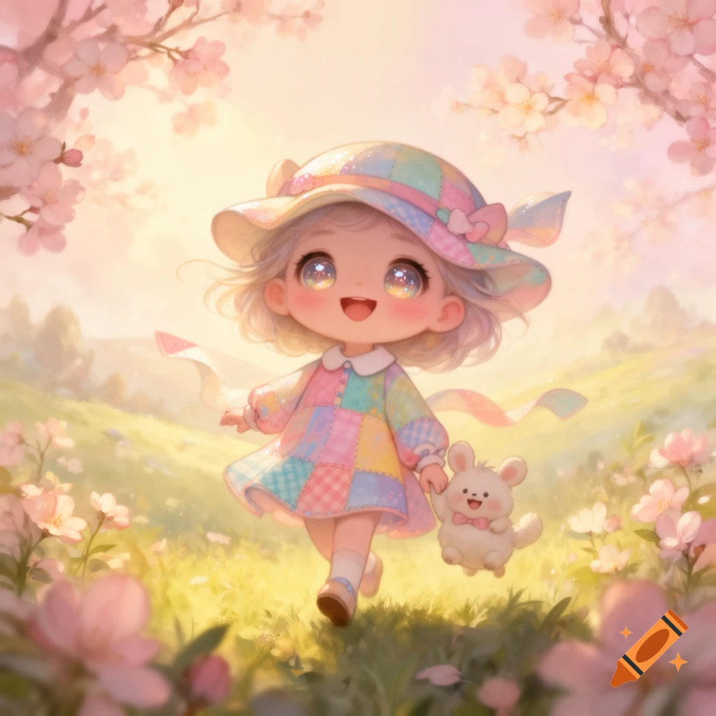 A cute chibi girl with white hair and a pastel patchwork dress walks with a bunny plush in a sunny field of cherry blossoms.
