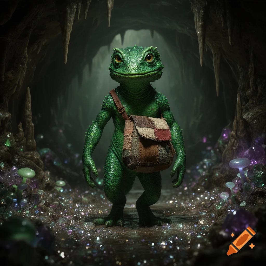A green, bipedal frog-like creature with a satchel stands in a dark cave filled with sparkling crystals and glowing mushrooms.